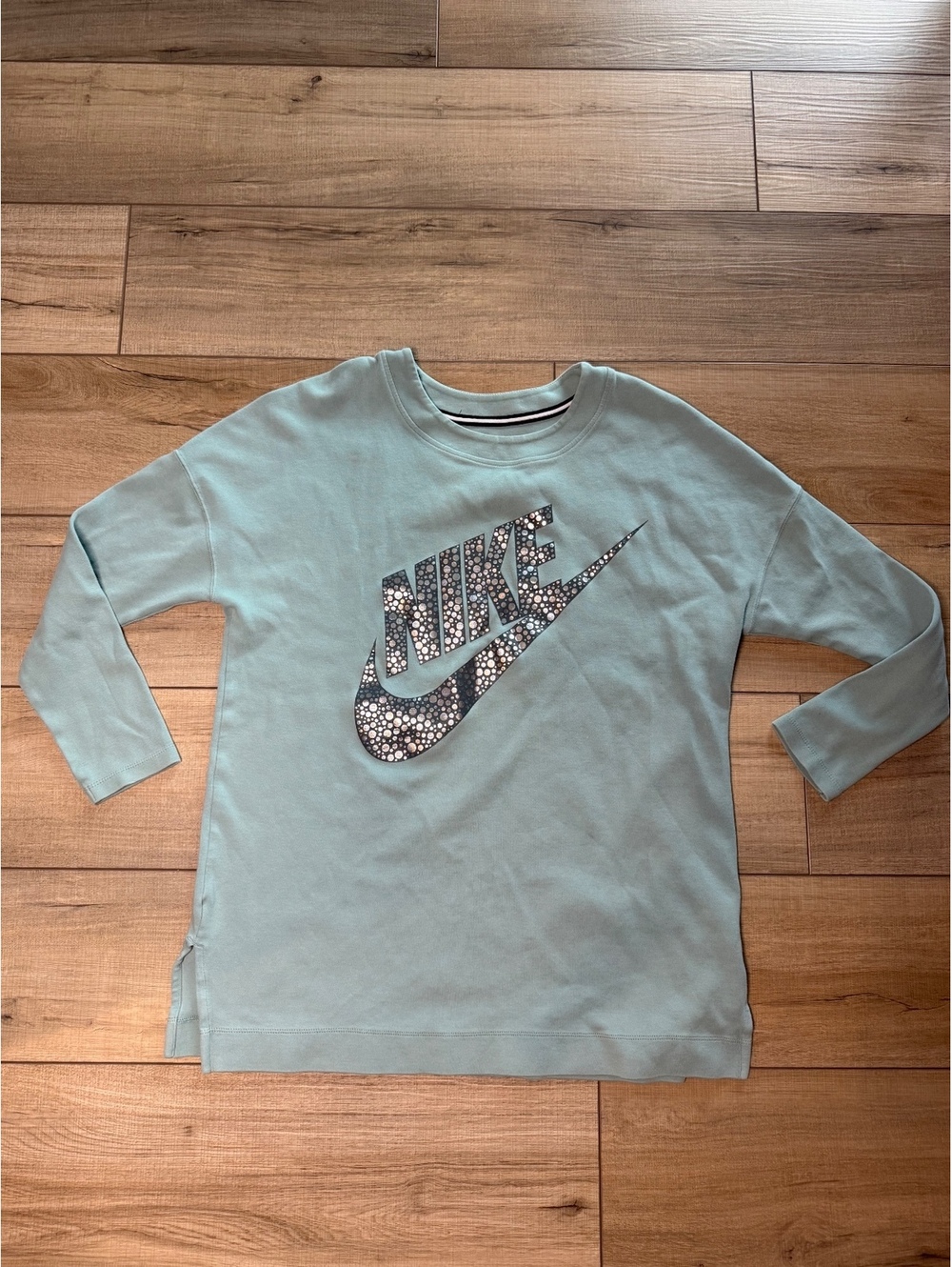 Nike Girls Large Mint Green Metallic Logo Long Sleeve Tunic Sweatshirt